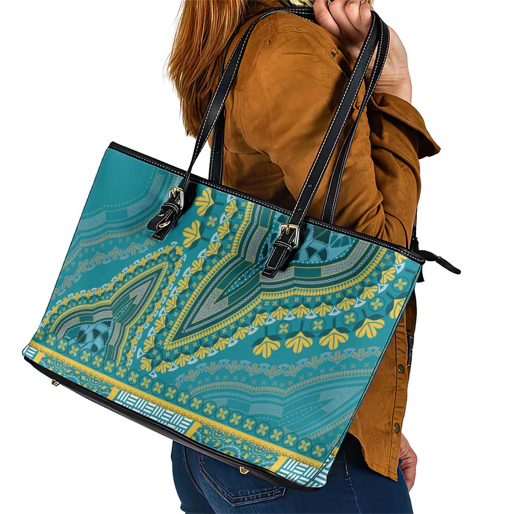 African Dashiki Leather Tote Bag Luxury Teal LT7