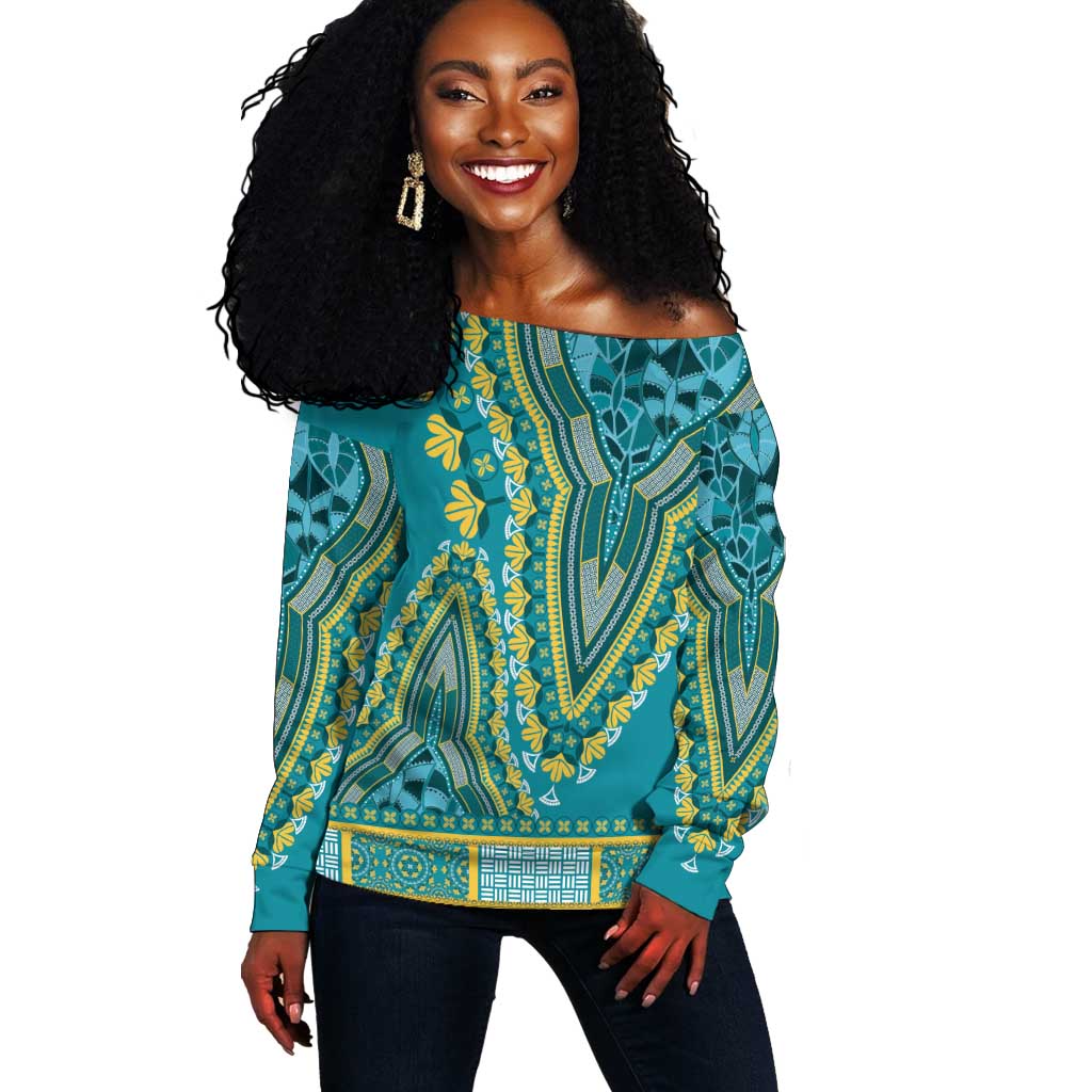 Dashiki Off Shoulder Sweater Luxury Afro - Teal LT7