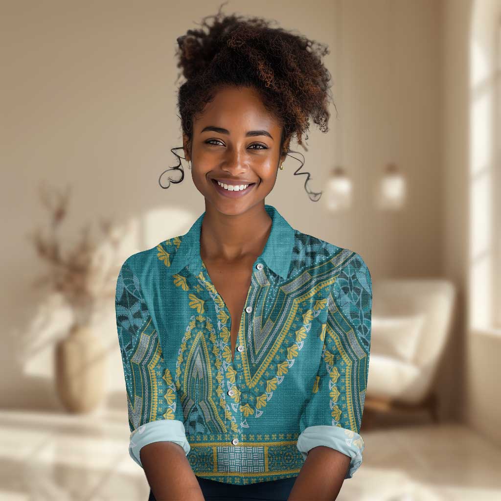 Dashiki Women Casual Shirt Luxury Afro - Teal LT7