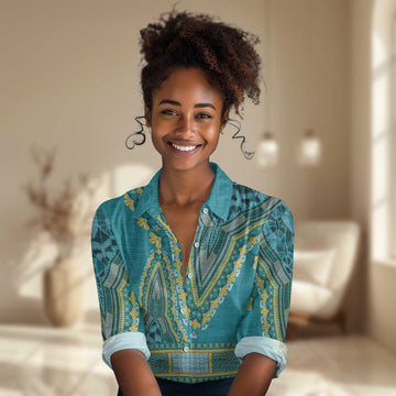 Dashiki Women Casual Shirt Luxury Afro - Teal LT7