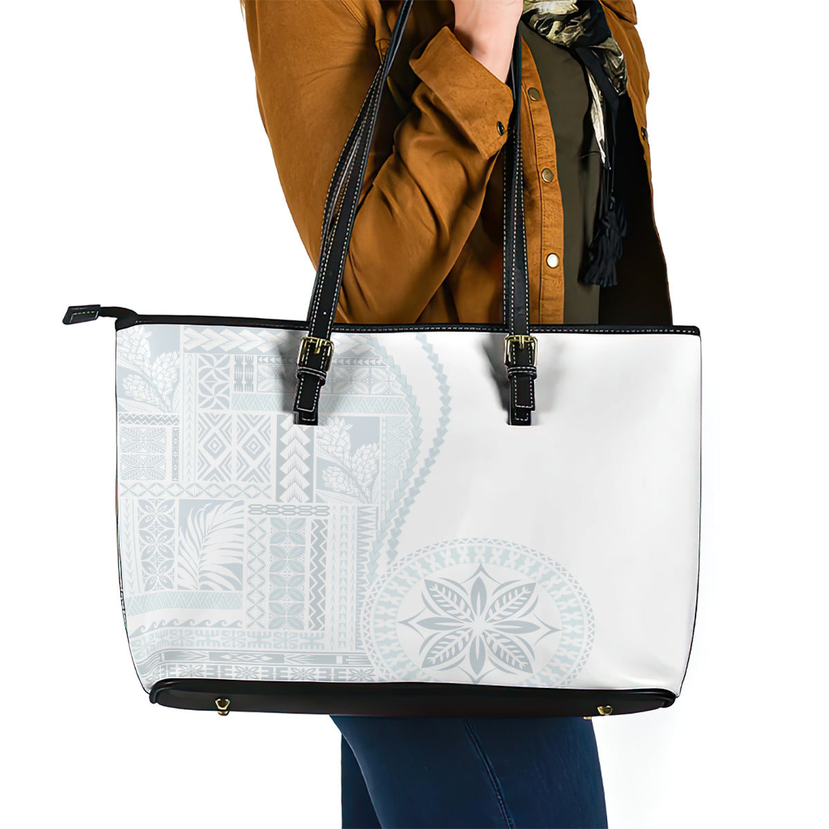 Samoa White Sunday Leather Tote Bag Classic Siapo Style LT7