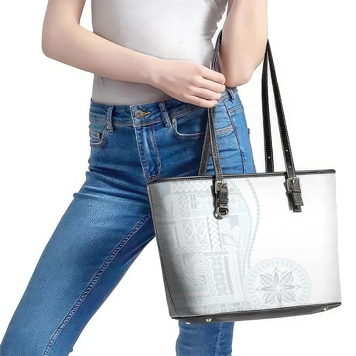 Samoa White Sunday Leather Tote Bag Classic Siapo Style LT7