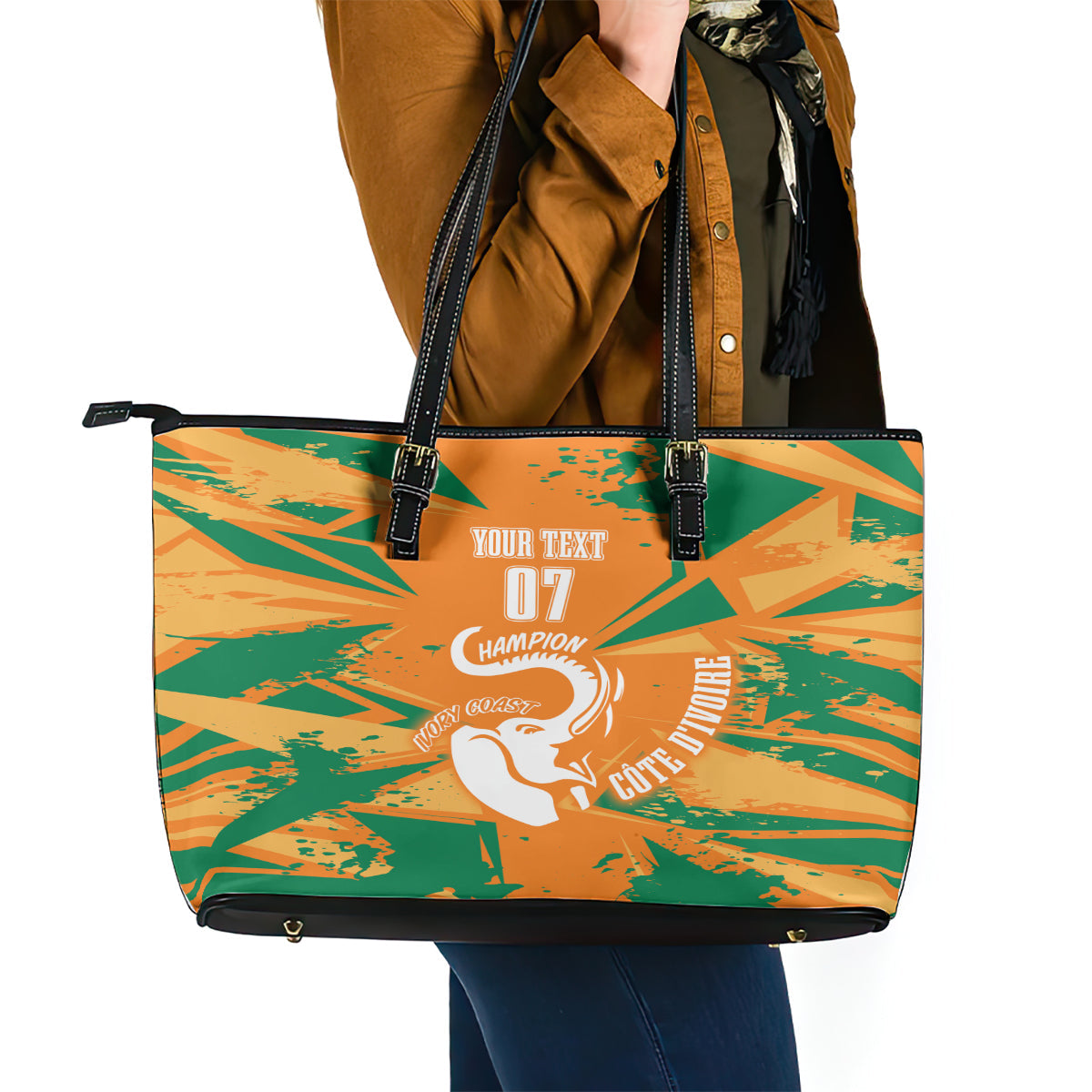 Ivory Coast Football Custom Leather Tote Bag Les Elephants Champions LT7
