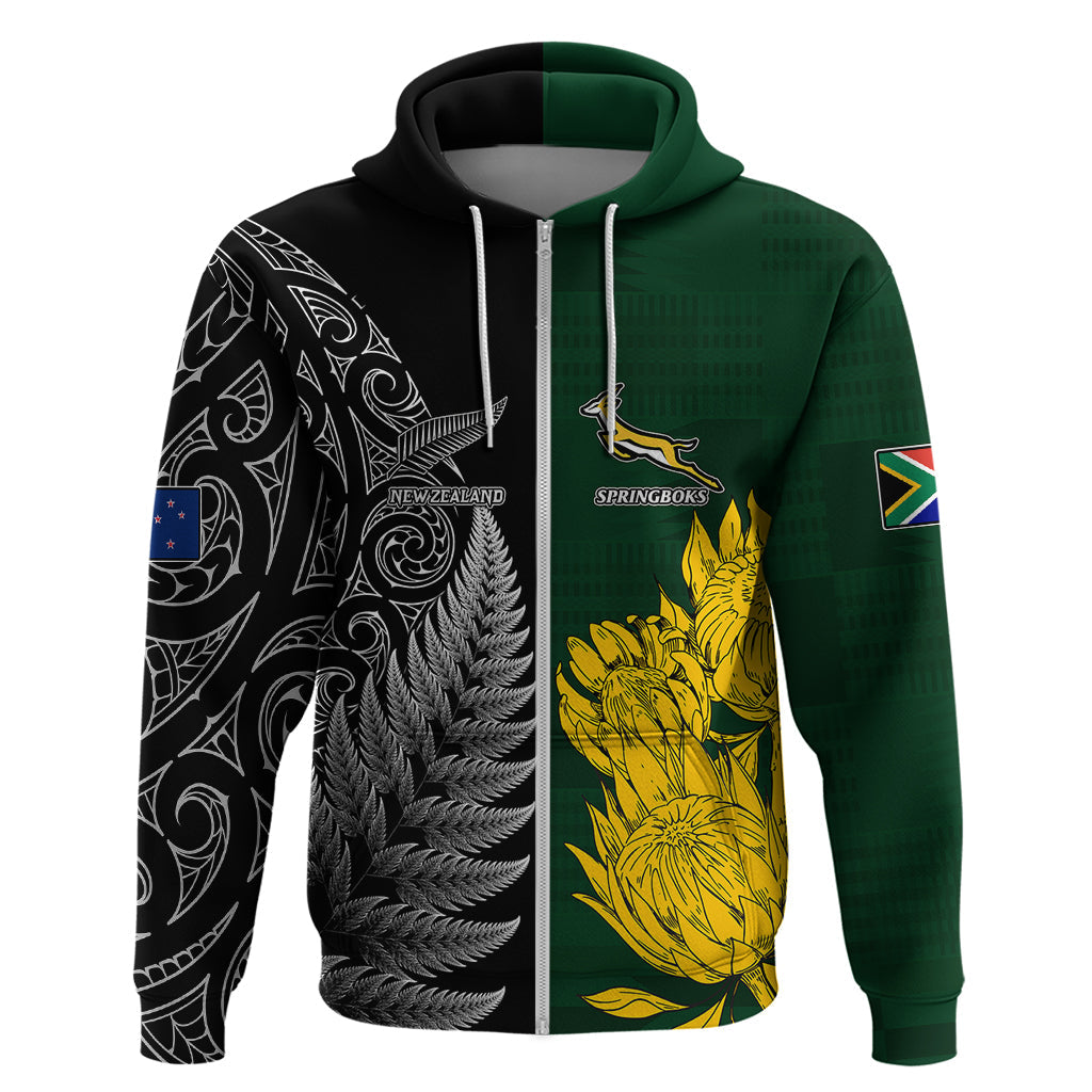 Personalised New Zealand Mix South Africa Rugby Hoodie Protea Vs. Silver Ferns LT7