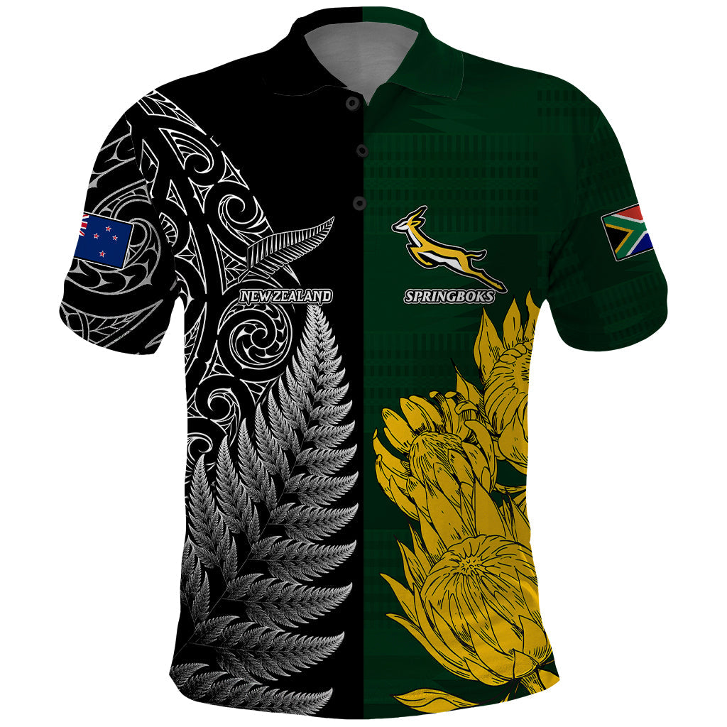 Personalised New Zealand Mix South Africa Rugby Polo Shirt Protea Vs. Silver Ferns LT7