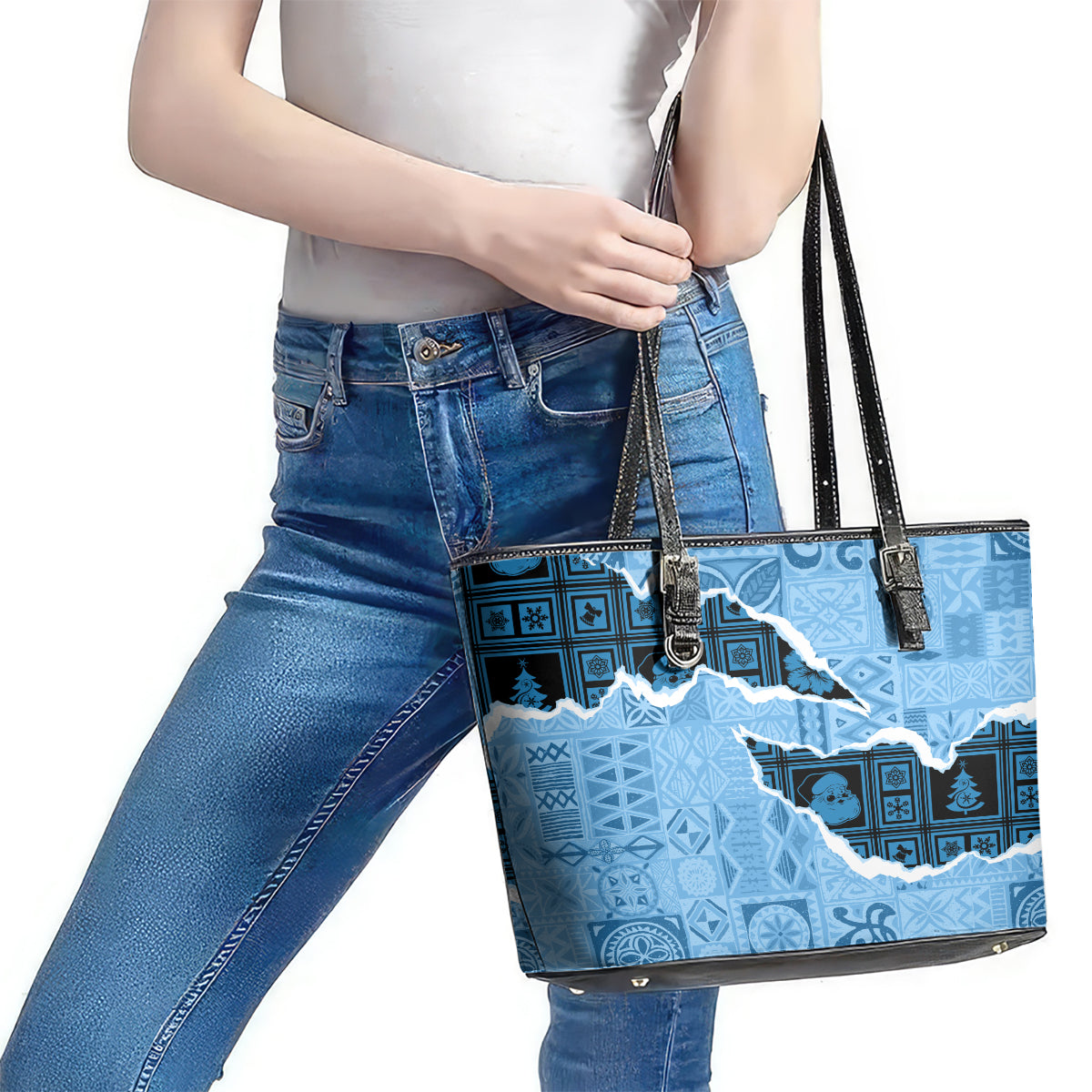 Bula Fiji Tapa Mix Christmas Leather Tote Bag Vintage Style LT7