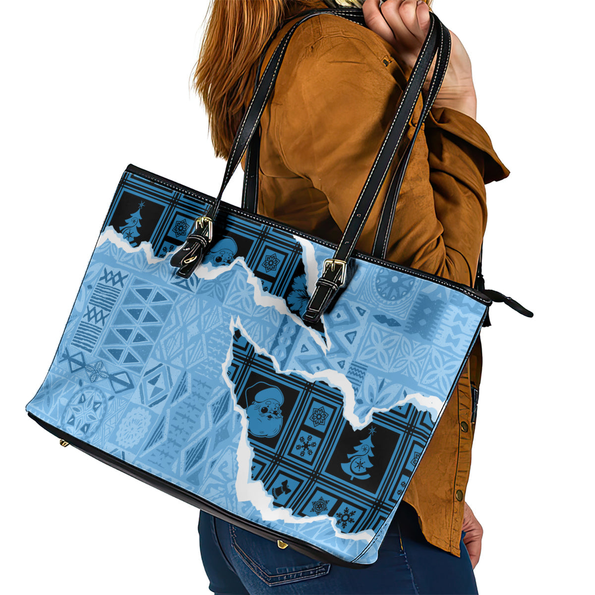 Bula Fiji Tapa Mix Christmas Leather Tote Bag Vintage Style LT7