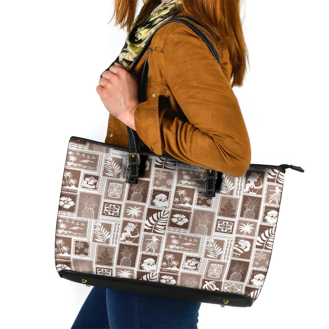 Hawaii Christmas Retro Patchwork Leather Tote Bag Brown LT7