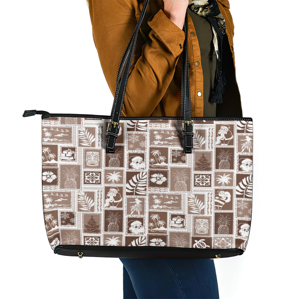 Hawaii Christmas Retro Patchwork Leather Tote Bag Brown LT7