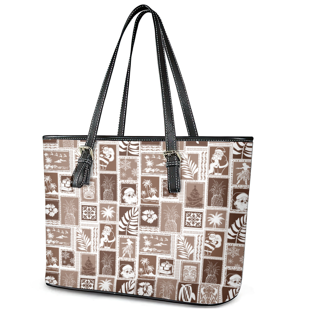 Hawaii Christmas Retro Patchwork Leather Tote Bag Brown LT7
