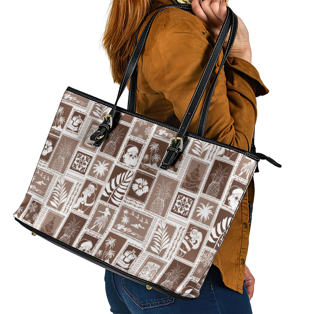 Hawaii Christmas Retro Patchwork Leather Tote Bag Brown LT7