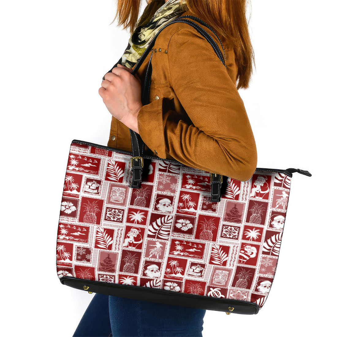 Hawaii Christmas Retro Patchwork Leather Tote Bag Red LT7