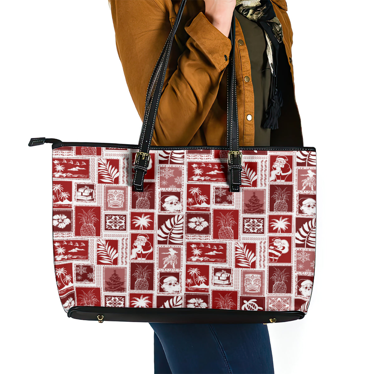 Hawaii Christmas Retro Patchwork Leather Tote Bag Red LT7