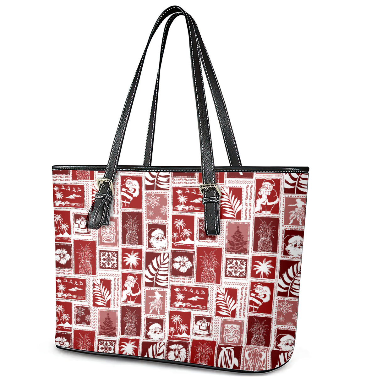 Hawaii Christmas Retro Patchwork Leather Tote Bag Red LT7