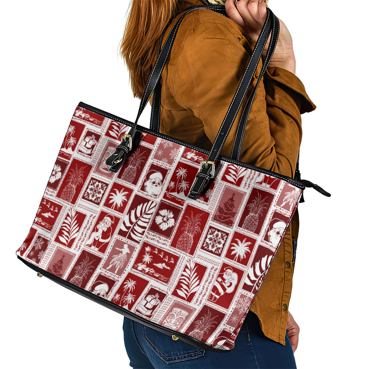 Hawaii Christmas Retro Patchwork Leather Tote Bag Red LT7