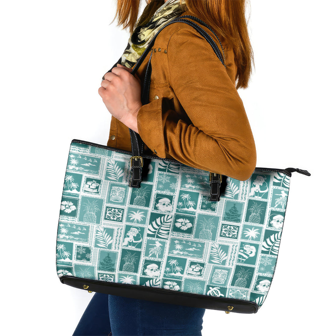 Hawaii Christmas Retro Patchwork Leather Tote Bag Teal LT7