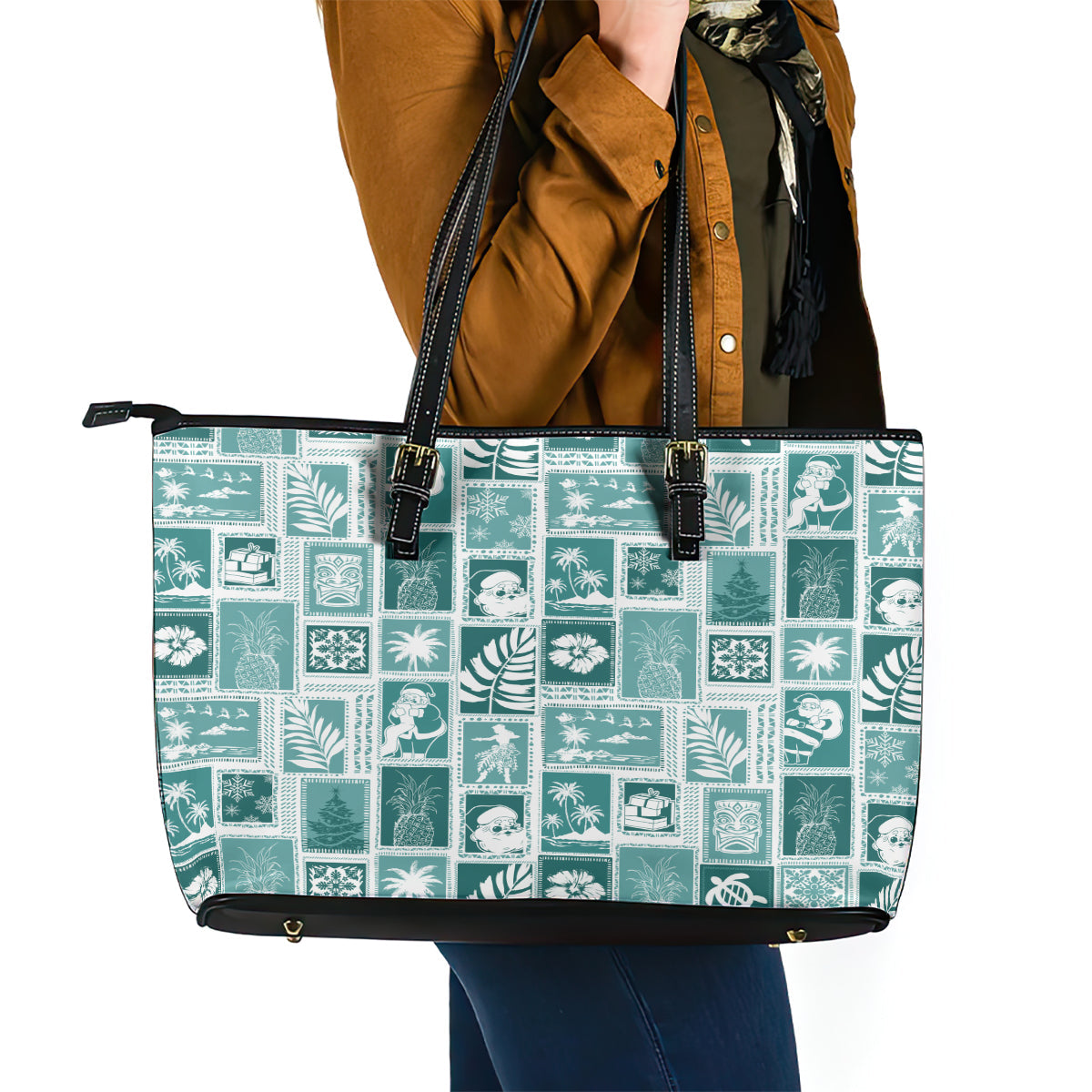 Hawaii Christmas Retro Patchwork Leather Tote Bag Teal LT7