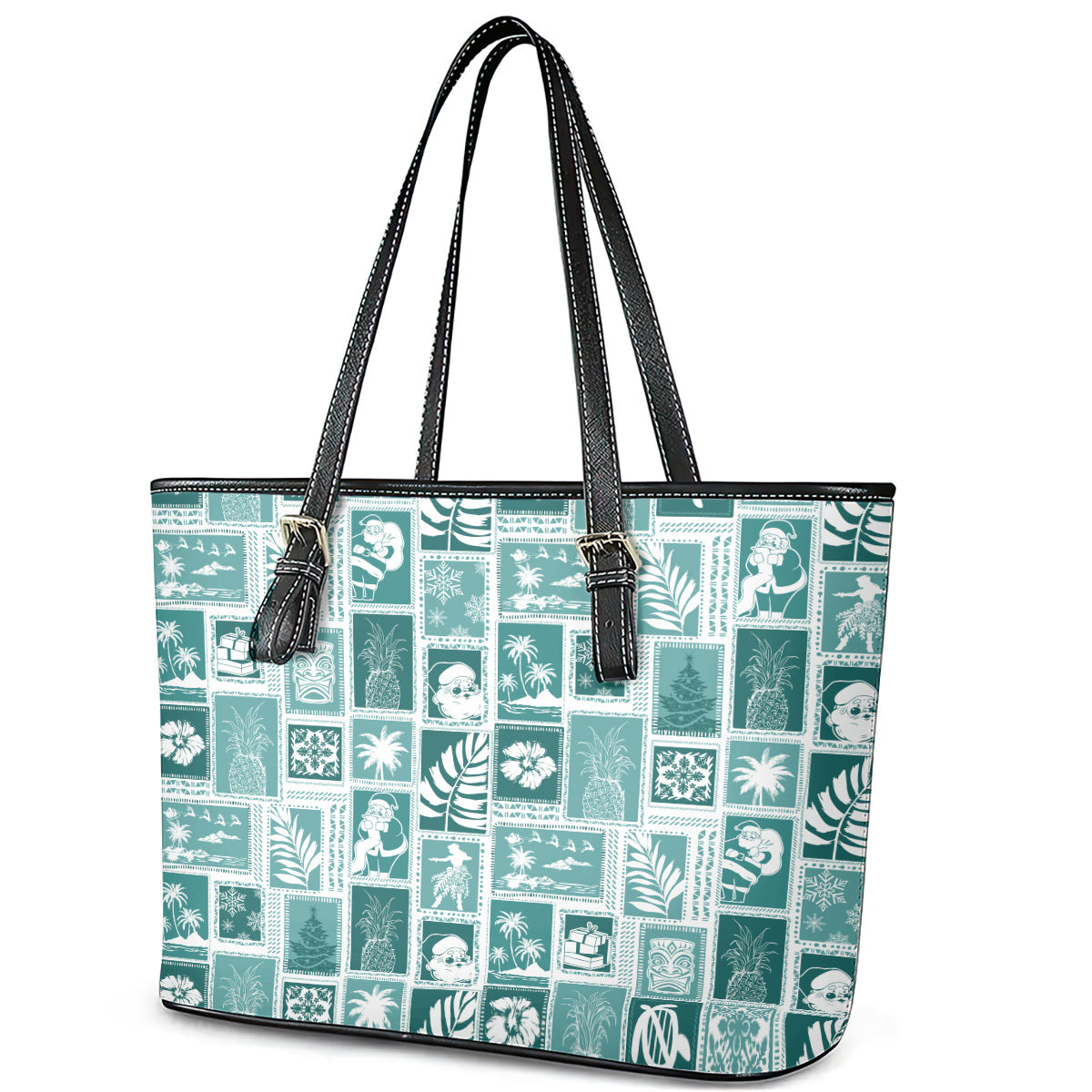 Hawaii Christmas Retro Patchwork Leather Tote Bag Teal LT7