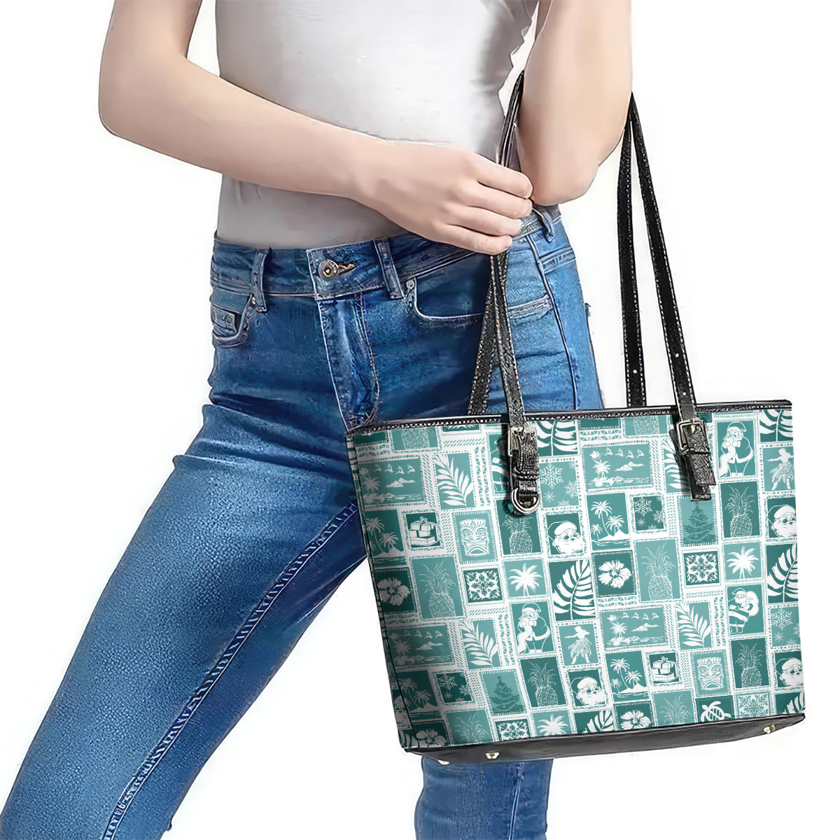 Hawaii Christmas Retro Patchwork Leather Tote Bag Teal LT7
