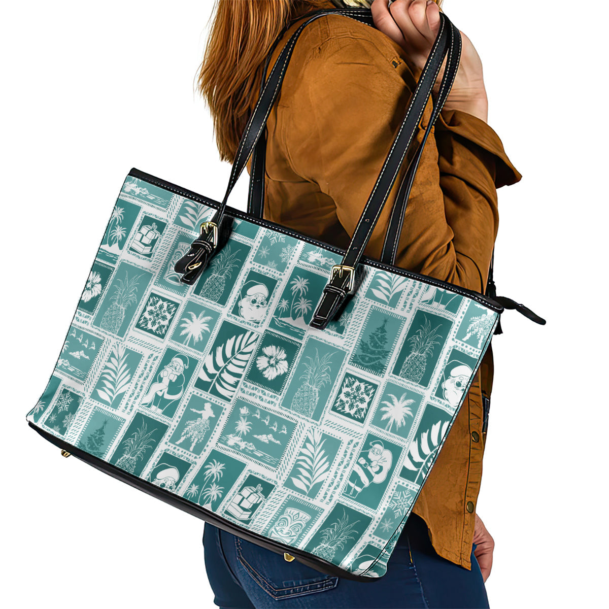 Hawaii Christmas Retro Patchwork Leather Tote Bag Teal LT7