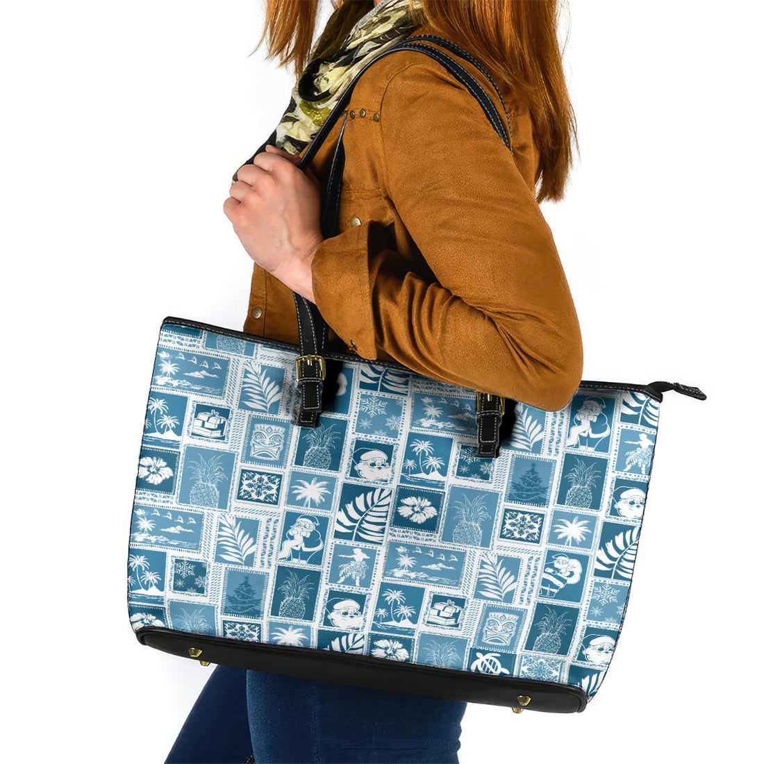 Hawaii Christmas Retro Patchwork Leather Tote Bag Aquamarine LT7