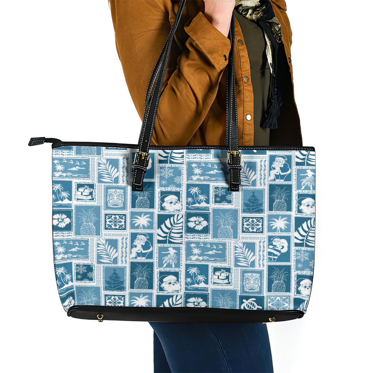 Hawaii Christmas Retro Patchwork Leather Tote Bag Aquamarine LT7