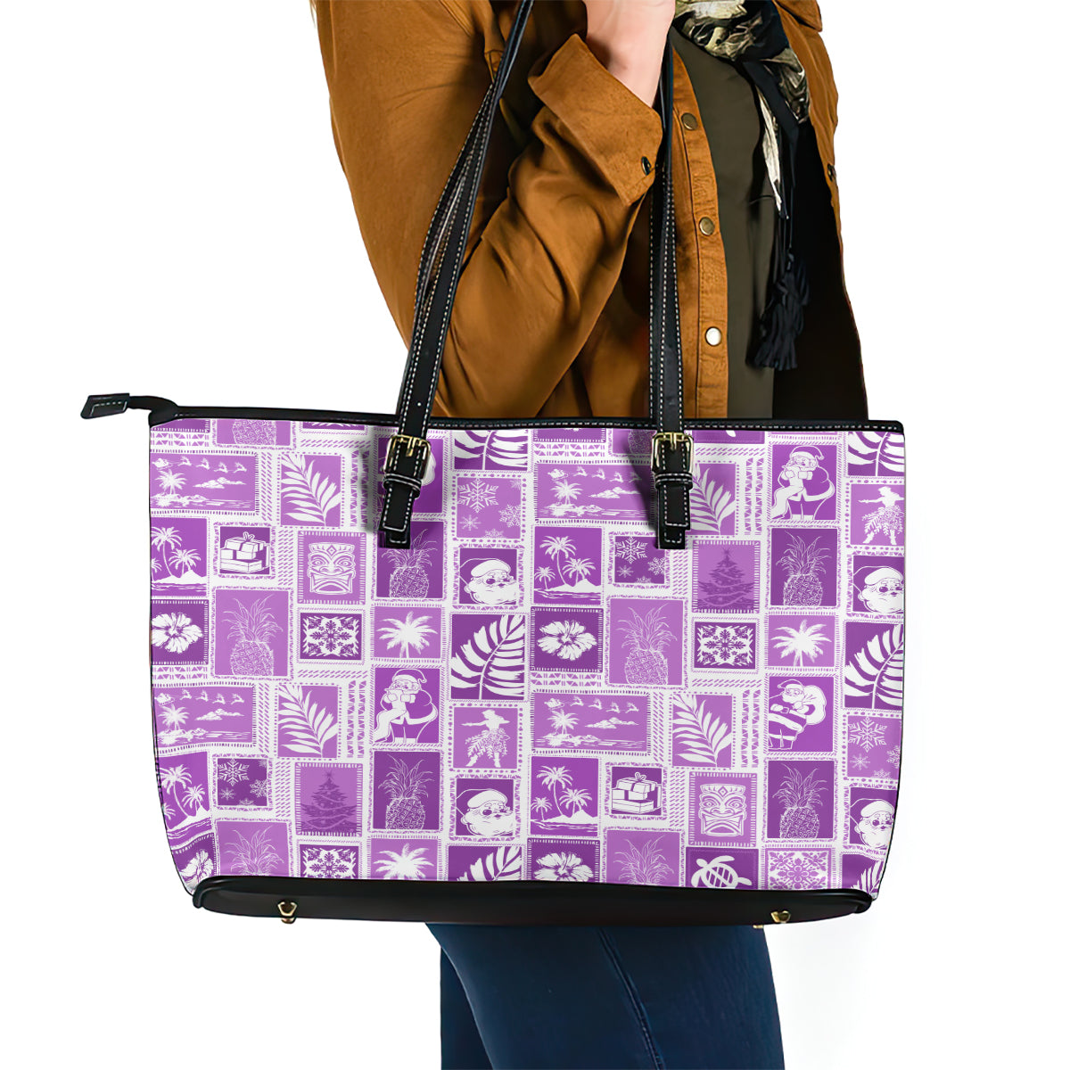Hawaii Christmas Retro Patchwork Leather Tote Bag Violet LT7