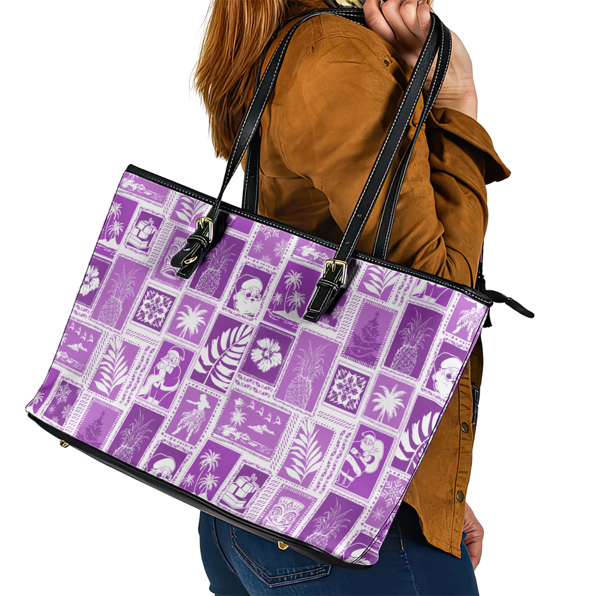 Hawaii Christmas Retro Patchwork Leather Tote Bag Violet LT7
