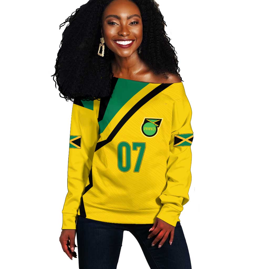 Personalised Jamaica Football Off Shoulder Sweater Reggae Boyz Retro WC 1998 Inspired LT7