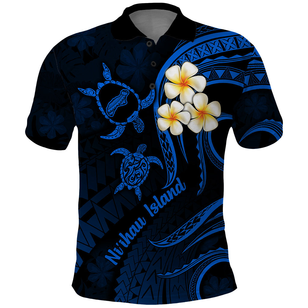 Hawaii Polo Shirt Niihau Islands Polynesian Sunset Plumeria Blue Vibe LT9