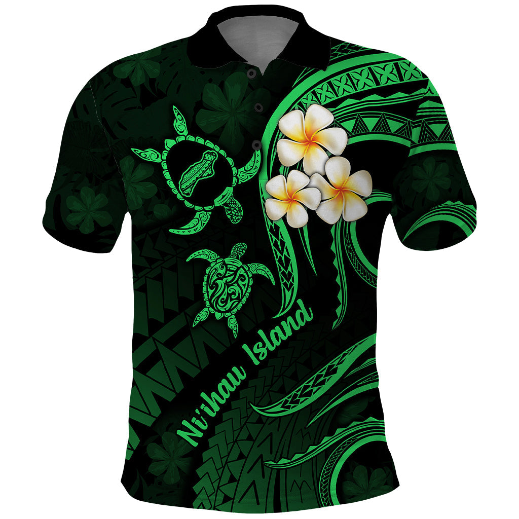 Hawaii Polo Shirt Niihau Islands Polynesian Sunset Plumeria Green Vibe LT9