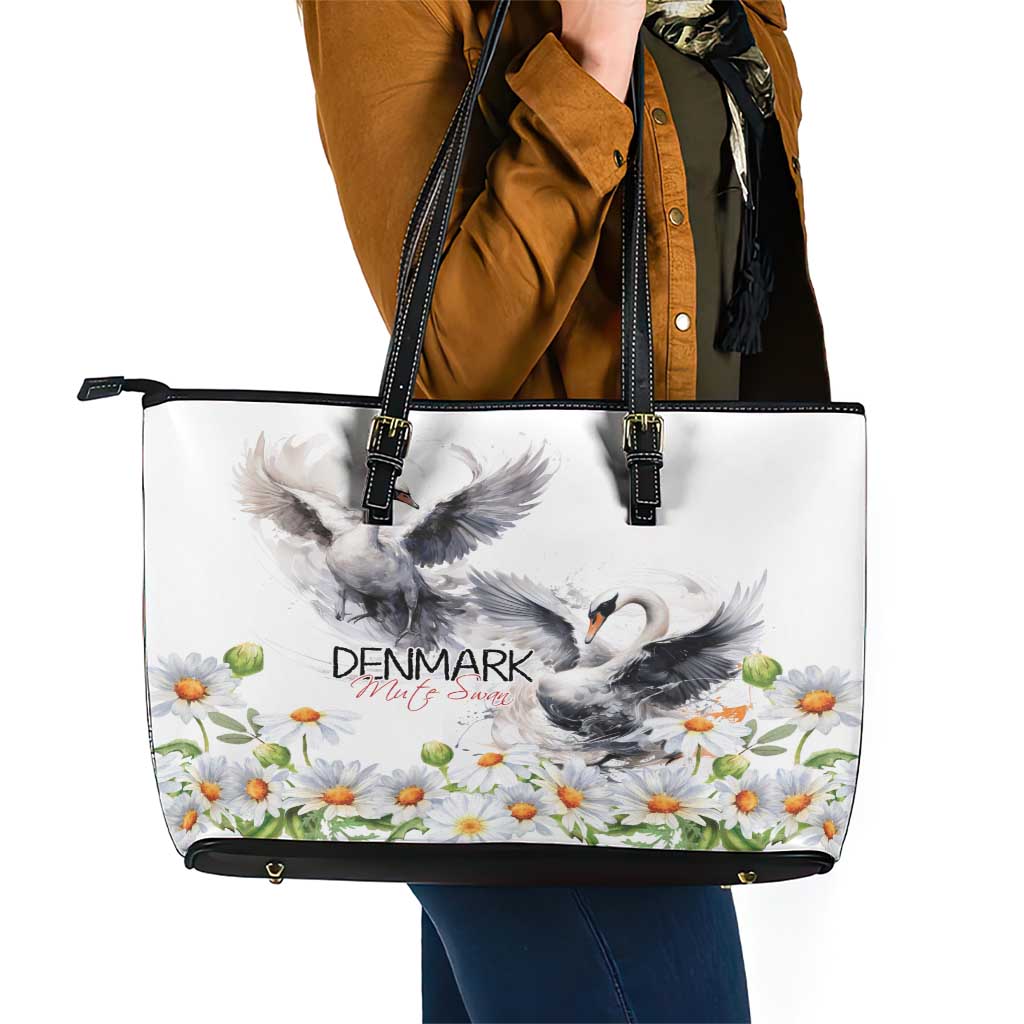 Denmark Mute Swan Leather Tote Bag With Chamomile Daisy Flowers LT9
