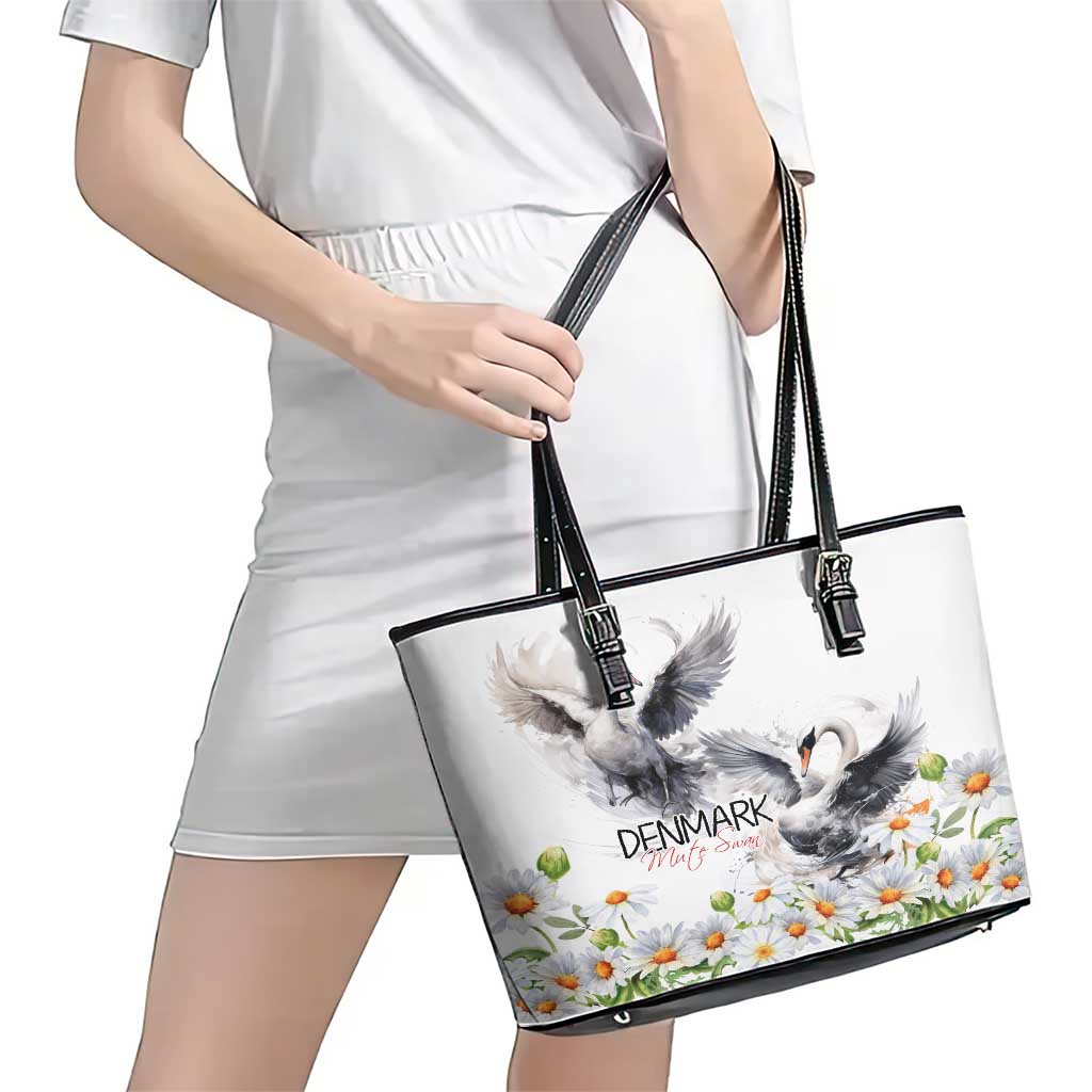 Denmark Mute Swan Leather Tote Bag With Chamomile Daisy Flowers LT9