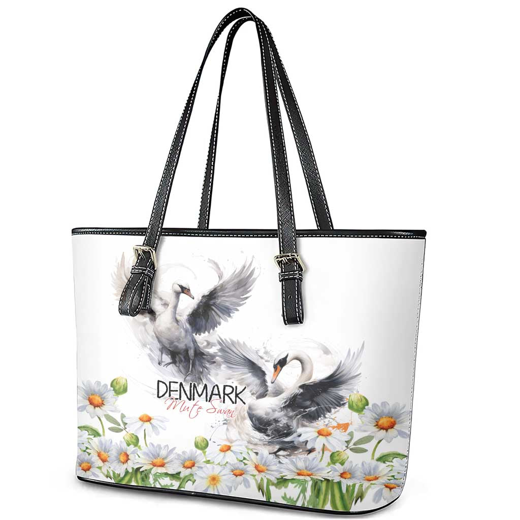 Denmark Mute Swan Leather Tote Bag With Chamomile Daisy Flowers LT9