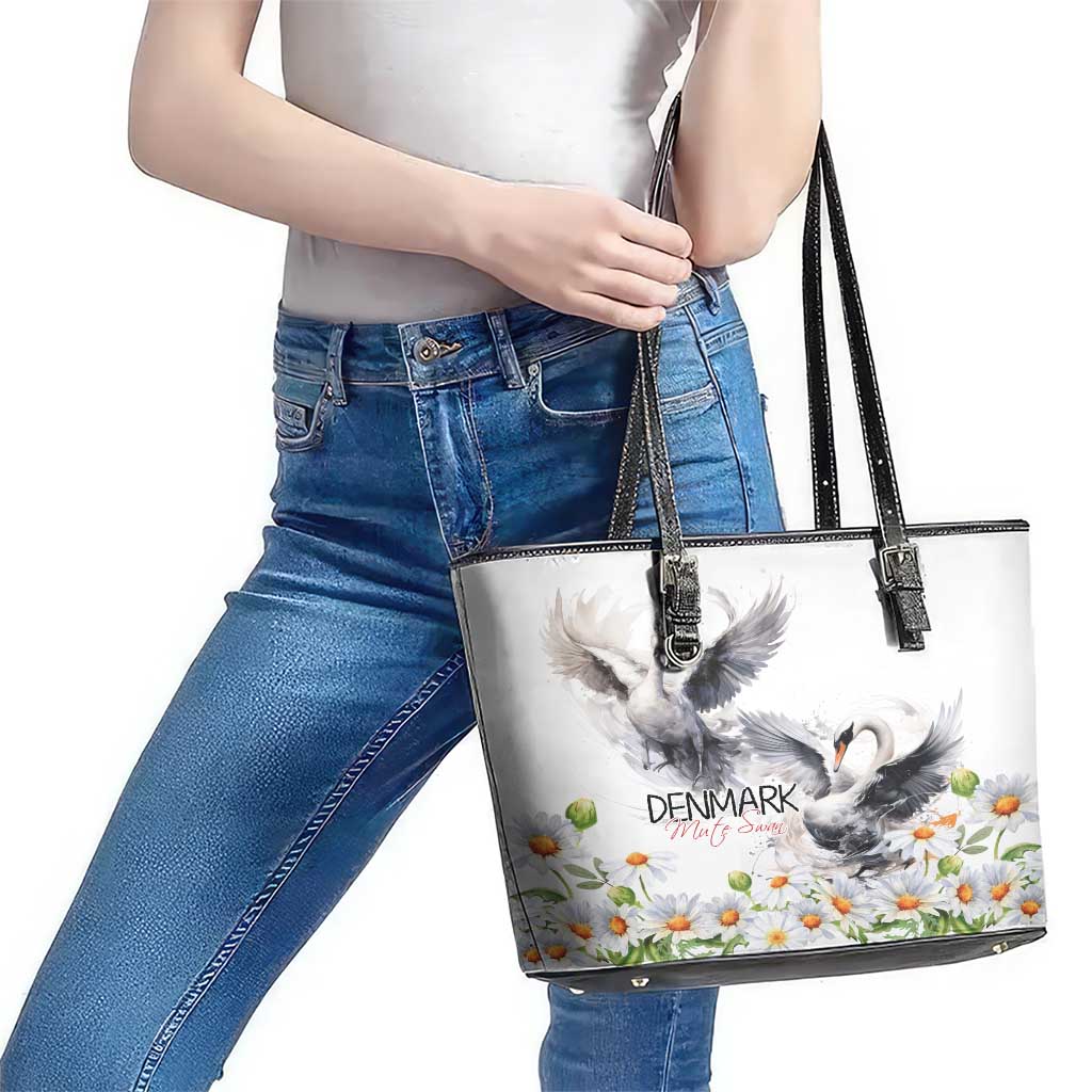 Denmark Mute Swan Leather Tote Bag With Chamomile Daisy Flowers LT9