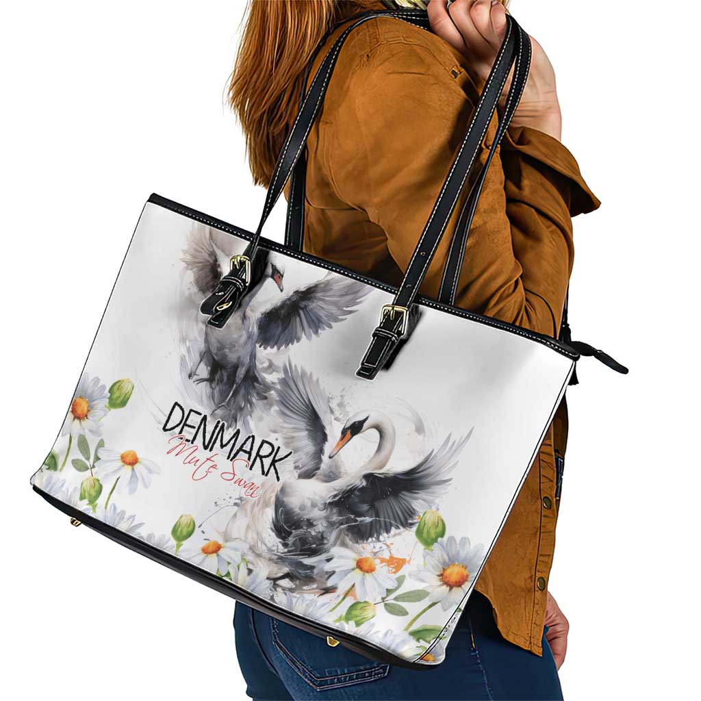 Denmark Mute Swan Leather Tote Bag With Chamomile Daisy Flowers LT9