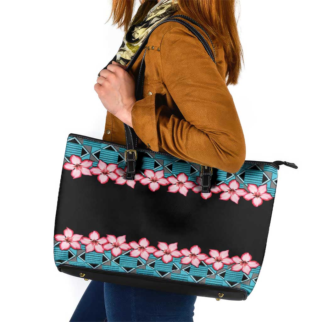 African Adenium Multiflorum Flowers Leather Tote Bag with Kente Style LT9