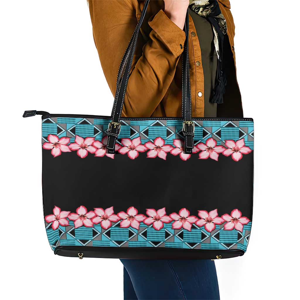 African Adenium Multiflorum Flowers Leather Tote Bag with Kente Style LT9
