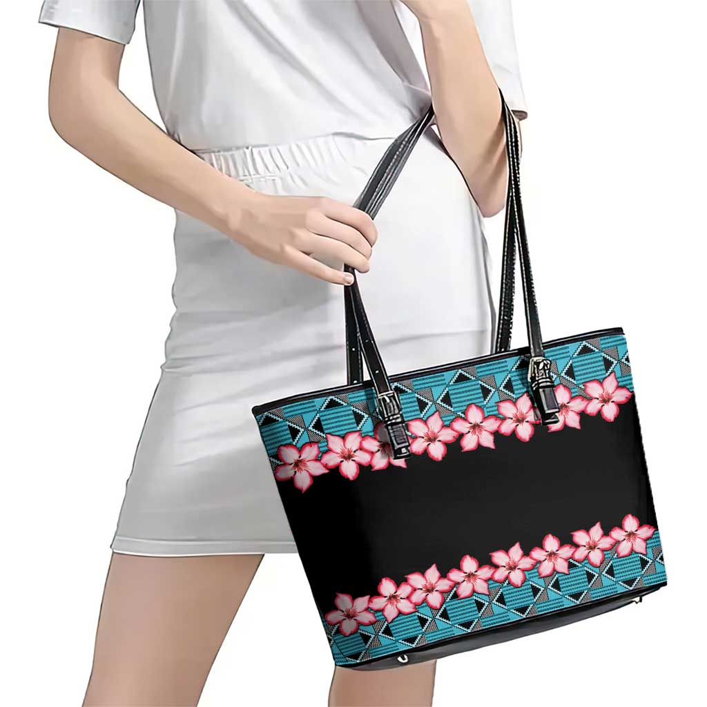 African Adenium Multiflorum Flowers Leather Tote Bag with Kente Style LT9