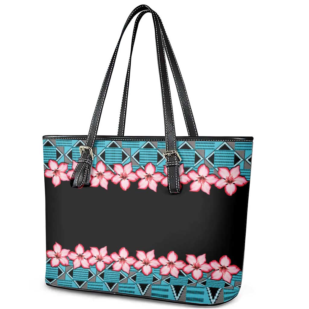 African Adenium Multiflorum Flowers Leather Tote Bag with Kente Style LT9