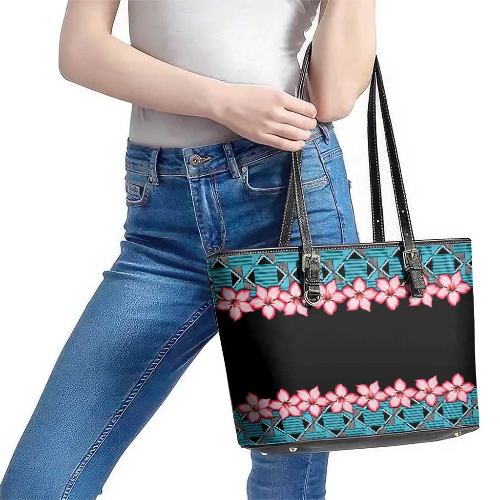 African Adenium Multiflorum Flowers Leather Tote Bag with Kente Style LT9