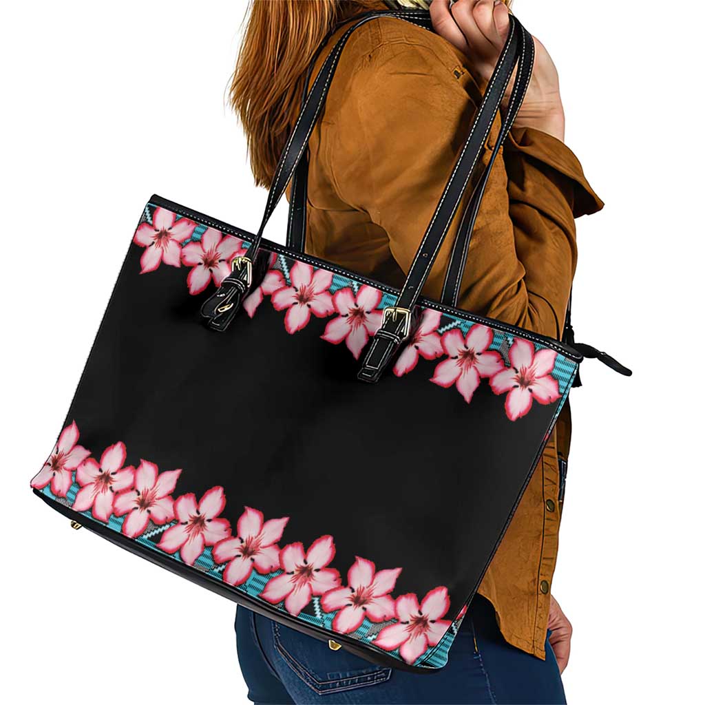 African Adenium Multiflorum Flowers Leather Tote Bag with Kente Style LT9