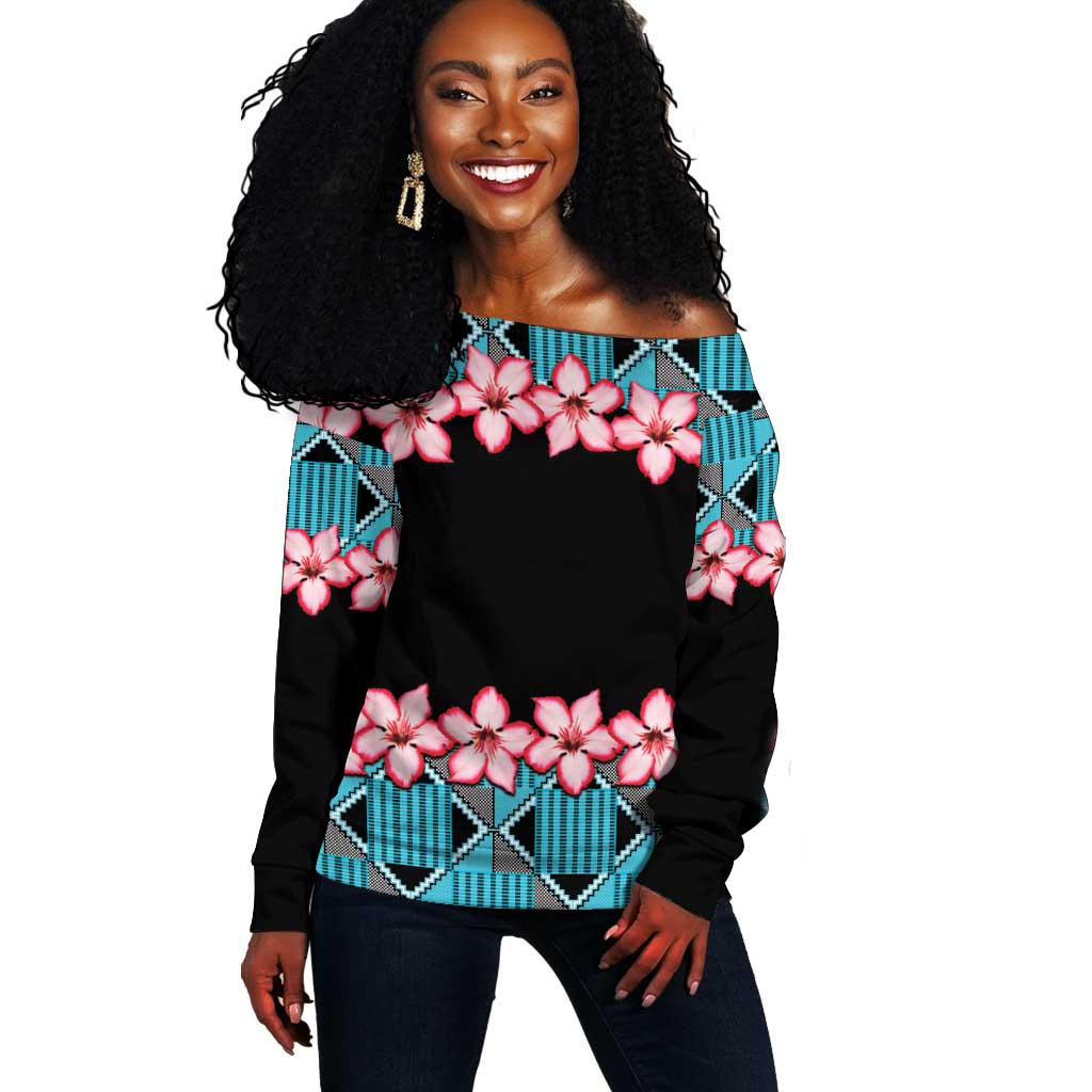 African Adenium Multiflorum Flowers Off Shoulder Sweater with Kente Style LT9