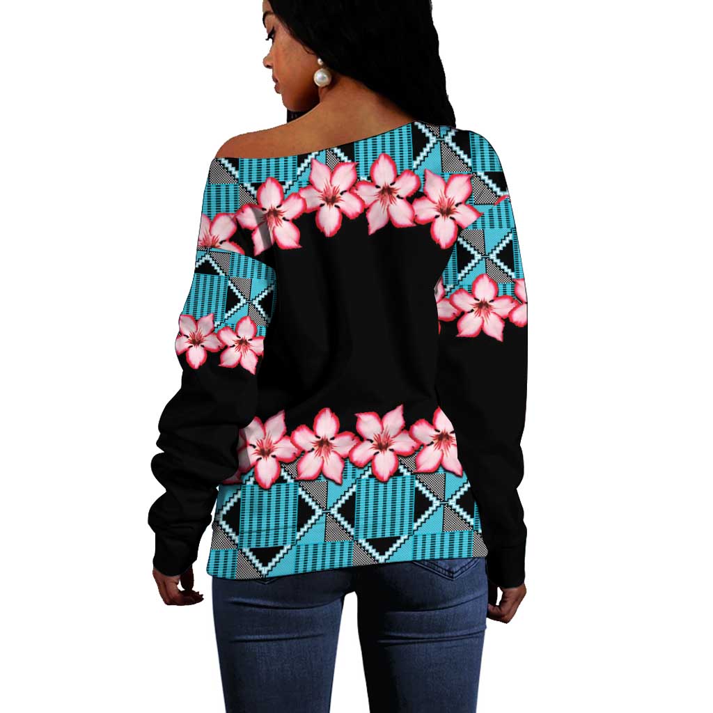 African Adenium Multiflorum Flowers Off Shoulder Sweater with Kente Style LT9