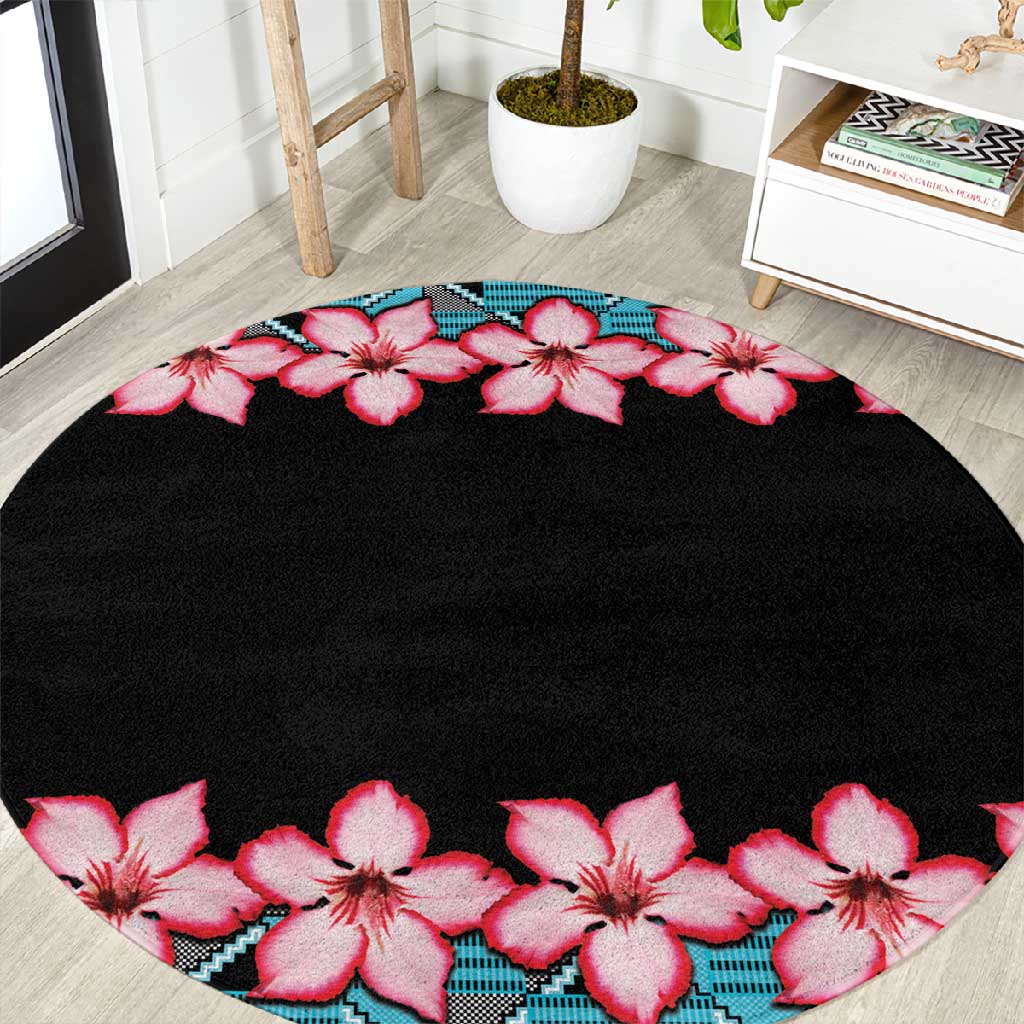 African Adenium Multiflorum Flowers Round Carpet with Kente Style LT9