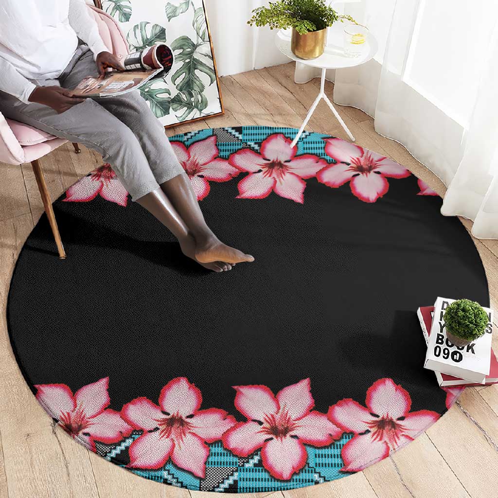 African Adenium Multiflorum Flowers Round Carpet with Kente Style LT9