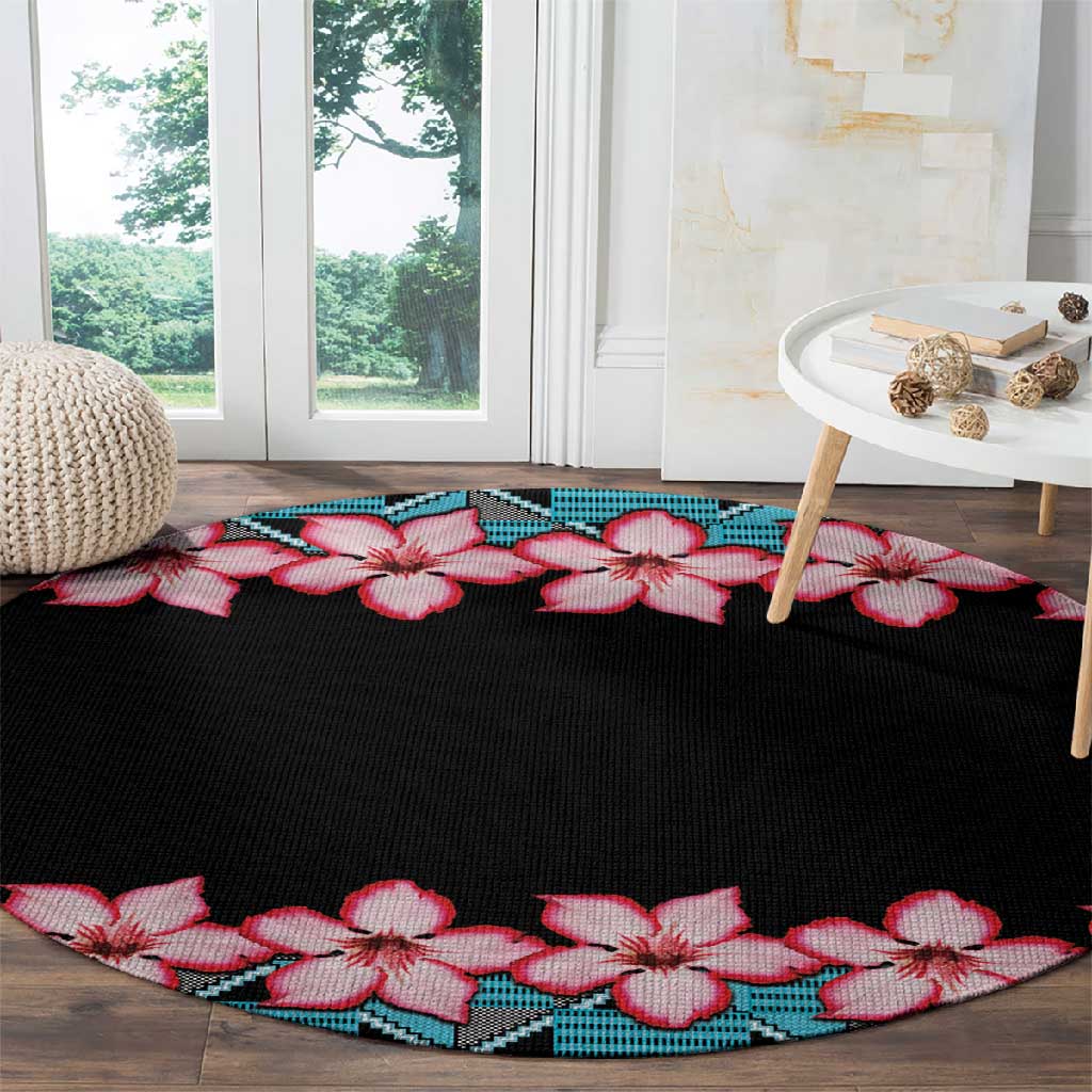 African Adenium Multiflorum Flowers Round Carpet with Kente Style LT9