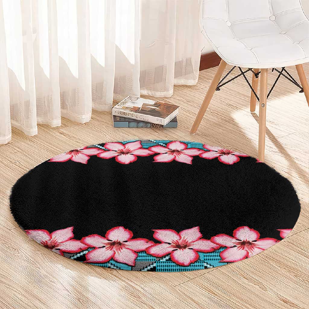 African Adenium Multiflorum Flowers Round Carpet with Kente Style LT9