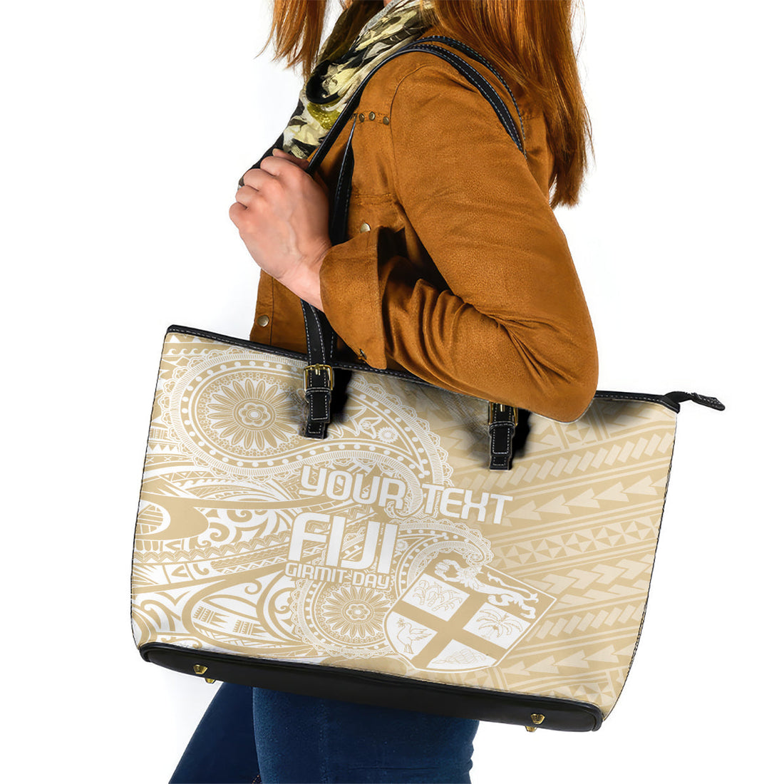 Custom Indo Fijians Leather Tote Bag Fiji ke Hindustani Polyneisan Paisley Beige Style LT9