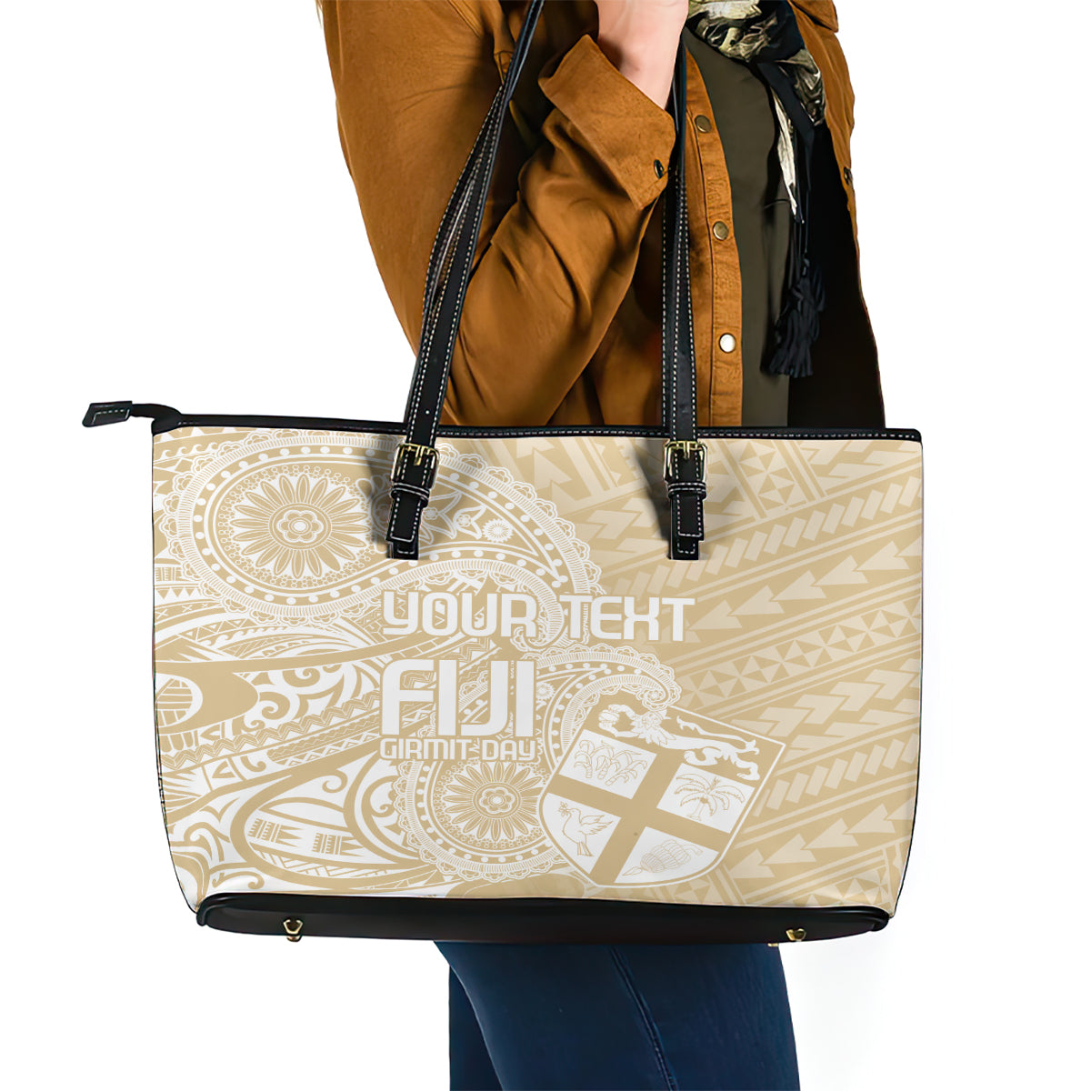 Custom Indo Fijians Leather Tote Bag Fiji ke Hindustani Polyneisan Paisley Beige Style LT9